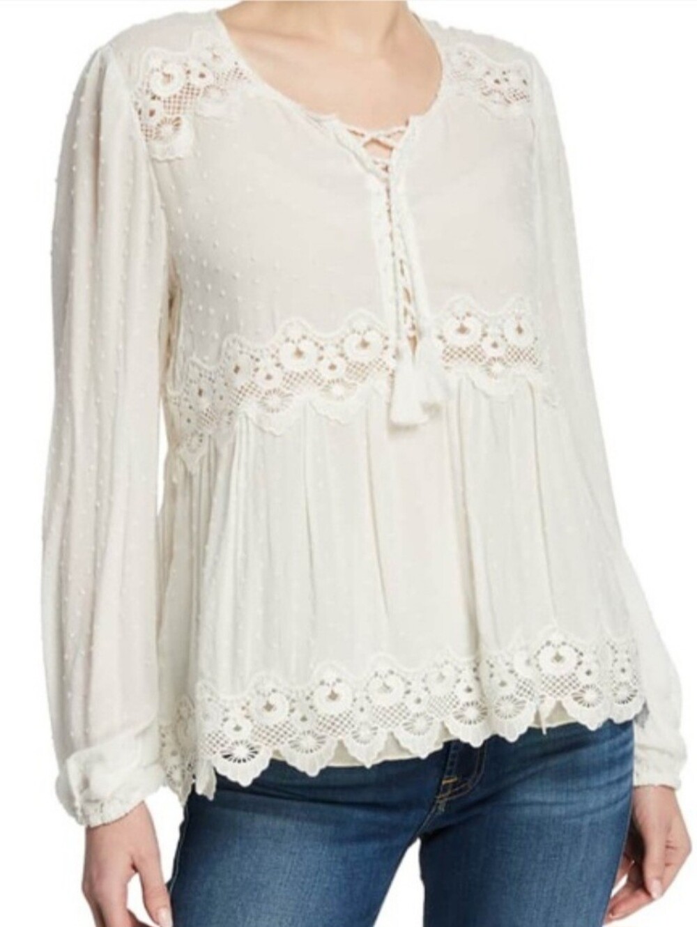 Jade by Johnny Was Mikala Raised Dot Lace-Up Front Long-Sleeve Blouse XL